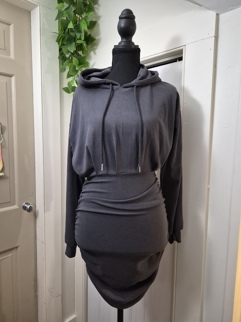 Charcoal Hooded Long-Sleeve Bodycon Dress